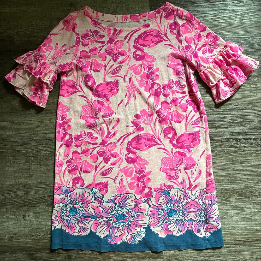 Lily Pulitzer Floral Pink and Blue Ruffle Sleeve Dress